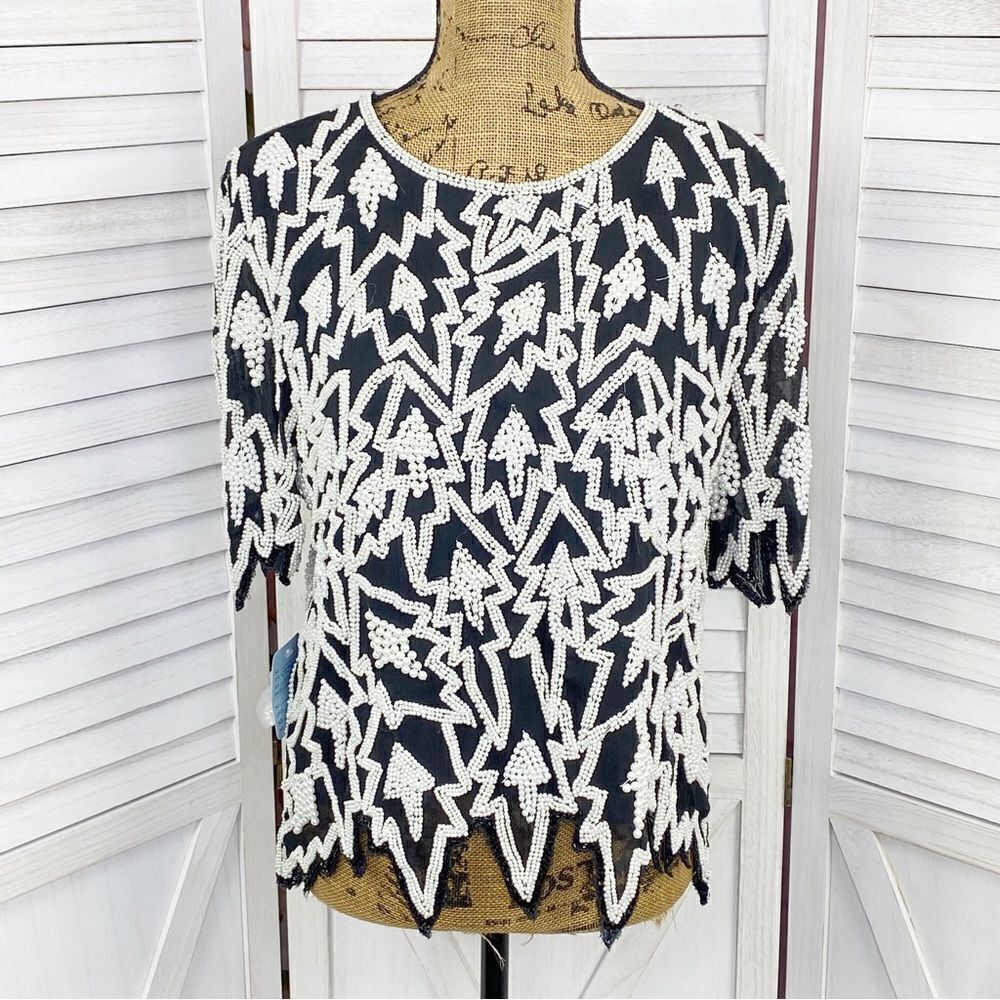 Vintage 80s Miss Paillette Pearl Embellished Silk Pullover Top Black White Large
